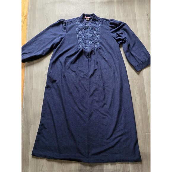 Vintage Heather Collection Navy Blue Embroidered Long Nightgown Robe 3X Made USA - Picture 4 of 9